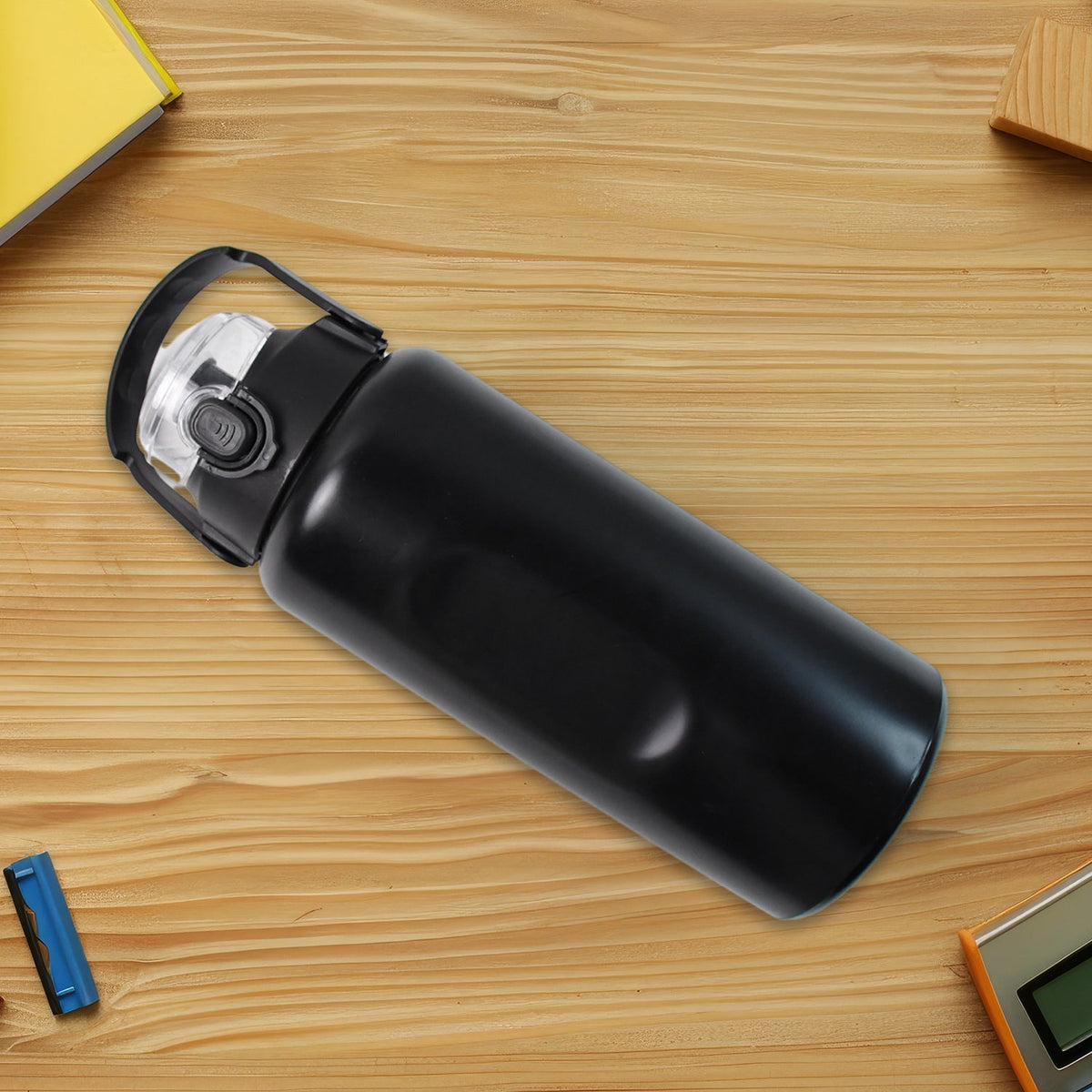 Close-up of insulated stainless steel water bottle with vacuum insulation core