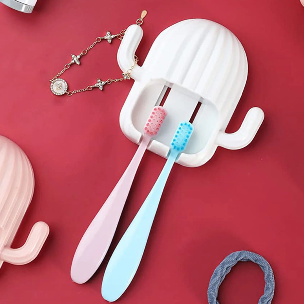 Close up view of self adhesive mounting and bamboo toothbrushes