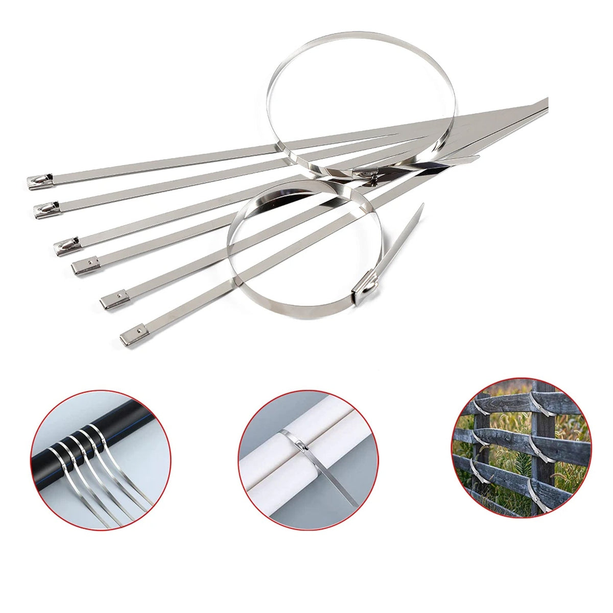 Multiple stainless steel cable ties securing various pipes and cables in a workshop environment.